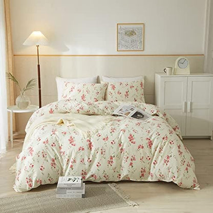 mixinni Boho Red Floral Girl Duvet Cover Set, Soft Cotton King Size 3-Piece Aesthetic Floral Bedding Set, 1 Chic Flower Leaf Pattern Duvet Cover and 2 Pillowcases for All Seasons-King Size