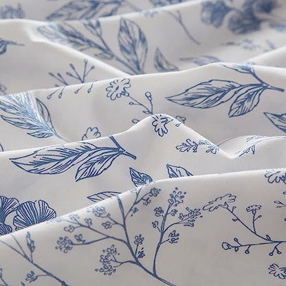 mixinni Small Floral Print Duvet Cover Queen Blue Flower Leaf Duvet Cover Set Soft Cotton White Bedding Comforter Cover Zipper Closure 4 Corner Ties for Him and Her-Queen Size