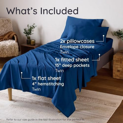 Bambaw Twin Sheets Set – 4-Piece 100% Viscose Derived from Bamboo Sheet Set, Cooling, Silky Soft & Breathable, Moisture Wicking, Deep Pocket Fits Up to 15" Mattresses (Navy Blue)