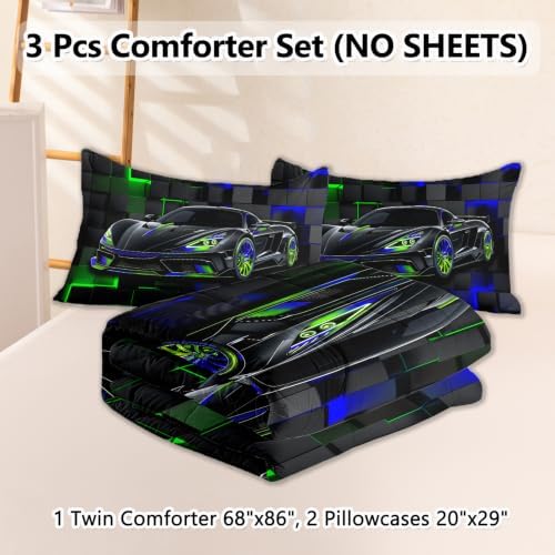 3 Pcs Twin Car Bedding Sets for Boys, Green Blue Race Car Twin Comforter Set for Boys Teens, Twin Boy Bedding Set