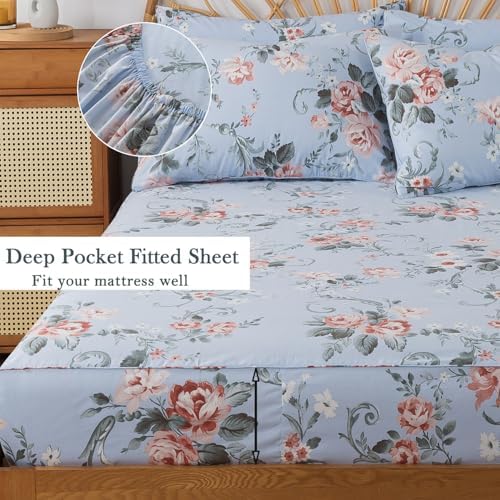 FADFAY Twin XL Floral Sheets for College Percale Cotton Pink Roses and White Small Flowers Pattern Bed Sheet Shabby Vintage Countryside Chic Bedding Dorm Room Deep Pocket Fitted Sheet, 4Pcs