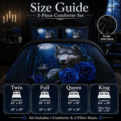 CCoutueChen Wolf Comforter Set Twin Size, Blue Rose Moon Gothic Bedding