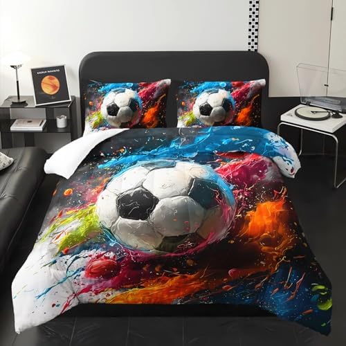 Soccer Comforter Full Size,Sport Kids Comforter Set,3Pcs Bedding Set Printed Comforter with 2 Pillowcases,Down Alternative,Soft and Lightweight,for All Seasons