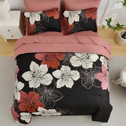 Luxudecor Red Floral Comforter Set Full, 7 Pieces Bed in a Bag