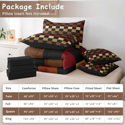 Feelyou Checkered Retro Comforter Set with Sheets 7 Piece Twin Size Brown Red Black Plaid Bed in a Bag Kids Boys Girls Geometric Vintage Bedding Set Modern Simple Groovy Aesthetic Bedroom Decor Soft