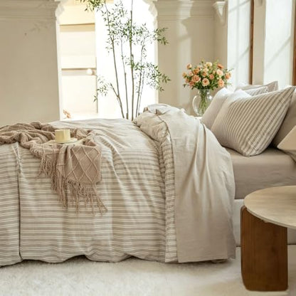 Striped Duvet Cover Set King Size 3 Piece 100% Washed Cotton Linen Like Textured Bedding Comfy Breathable (King, Double Stripe-Beige/White)