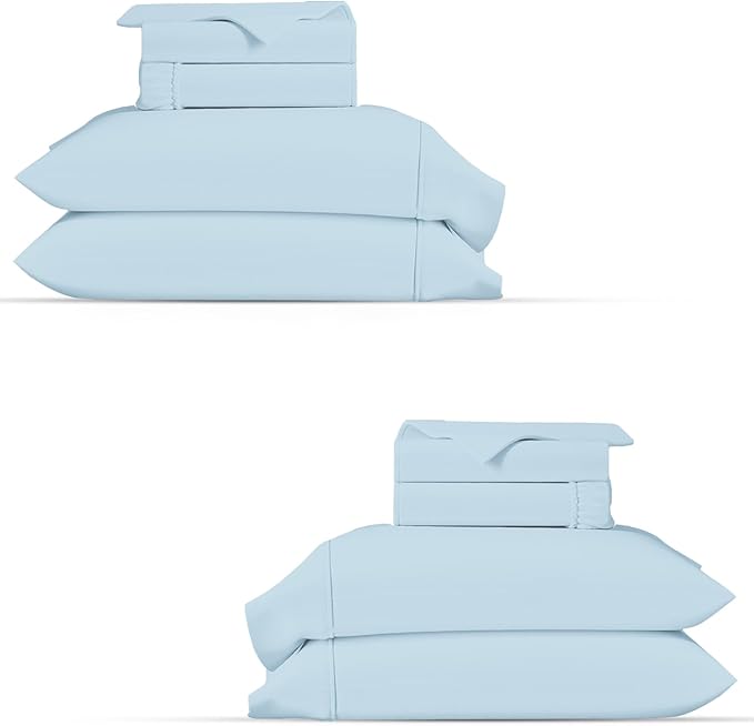 TEXAS LINEN CO. 2-Pack 100% Organic Cotton Twin Sheets Set - 2 Sets of Twin Size Percale Weave Organic Cotton Sheets, Soft, Breathable & Cooling Deep Pocket Bed Sheet for Dorm Room (6 PC, Light Blue)