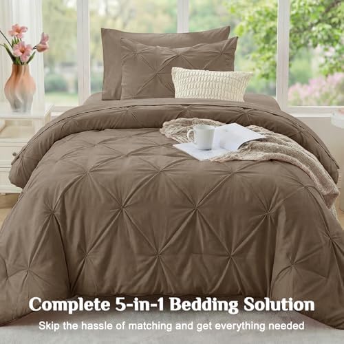 JOLLYVOGUE Twin XL Comforter Set 5 Pieces - Bed in a Bag Twin XL for All Season, Pintuck Bedding Comforter Sets with Comforter, Flat Sheet, Fitted Sheet and Pillowcases & Shams, Brown