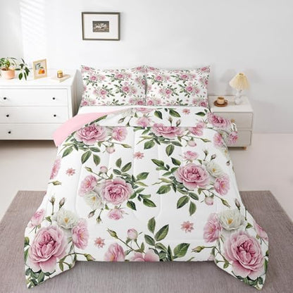jejeloiu Pink Rose Comforter Set Full Size Kids Vintage Floral Flower Bedding Set Boys Girls Botanical Green Leaves Duvet Breathable Blossom Plant Quilt Bedroom Decor,1 Comforter with 2 Pillowcase