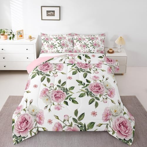 jejeloiu Pink Rose Comforter Set Queen Size Kids Vintage Floral Flower Bedding Set Boys Girls Botanical Green Leaves Duvet Breathable Blossom Plant Quilt Bedroom Decor,1 Comforter with 2 Pillowcase