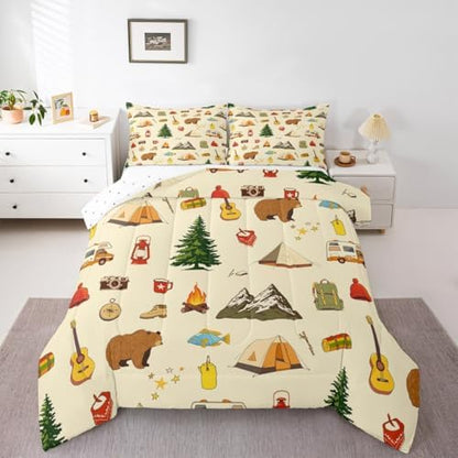Camping Adventure Comforter Set King Size for Boys Teens Girls Kids Room Decor Cartoon Bear Tent Mountain Tree Quilt Set Outdoor Life Bedding Set 3pcs Traveling Lover Duvet Insert,2 Pillowcases