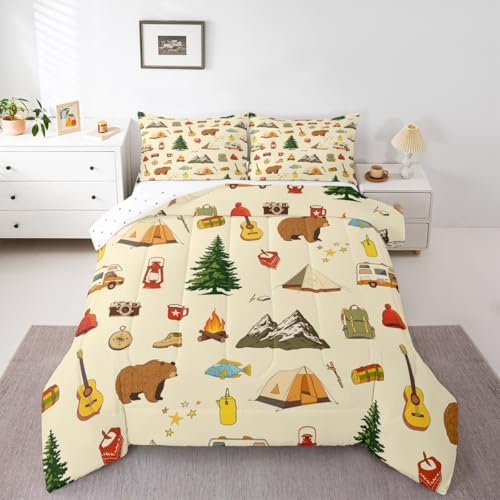 Camping Adventure Comforter Set Twin Size for Boys Teens Girls Kids Room Decor Cartoon Bear Tent Mountain Tree Quilt Set Outdoor Life Bedding Set 2pcs Traveling Lover Duvet Insert,1 Pillowcase