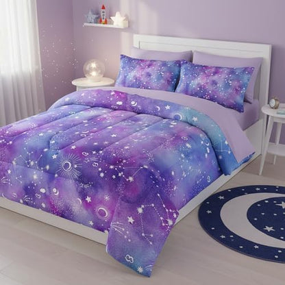QOOMO Purple Galaxy 7 Pieces Comforter Set Twin,Constellation Bedding Set