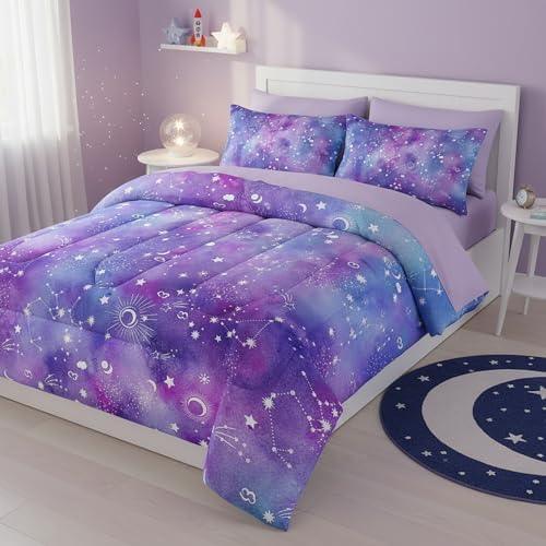QOOMO Purple Galaxy 7 Pieces Comforter Set Full,Constellation Bedding Set