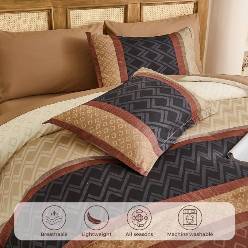 Queen 7-Piece Burnt Orange Striped Comforter Set,Warm Boho Bedding