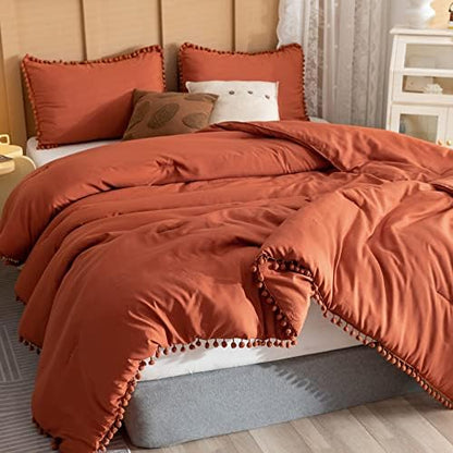 YIRDDEO King Size Comforter Set, Terracotta Pom Fringe Bedding Set 3 Pieces