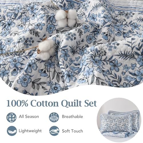 King Size Quilt Set - Blue and White Quilt - 100% Cotton Floral Bedspread