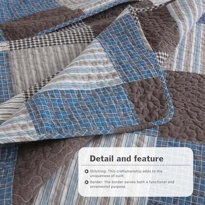 Y-PLWOMEN 100% Cotton King Size Quilt Farmhouse Plaid 3-Pieces Bedding
