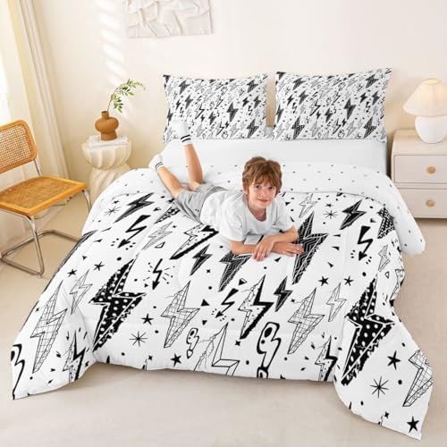 Homewish Gaming Comforter Set Full,Boys Lightning Strike Graffiti Bedding Set for Kids Teens Gamer Room Decor,Cartoon Natural Warning Quilt Set Modern Cool Duvet Insert 3pcs,2 Pillowcases,White