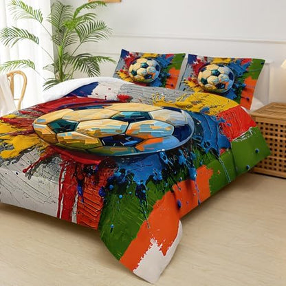 Queen Size Boys Comforter Set Soccer，Queen Size Kids Bedding Set Sports，with 1 Comforter with 2 Pillow Case