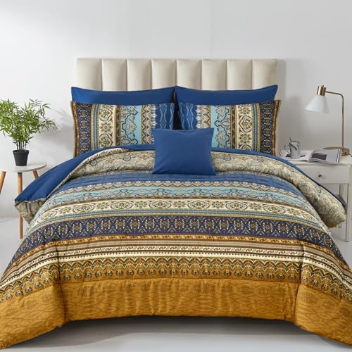 Cottolester Boho Comforter Set California King,Paisley Striped Bed in A Bag