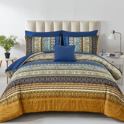 Cottolester Boho Comforter Set California King,Paisley Striped Bed in A Bag