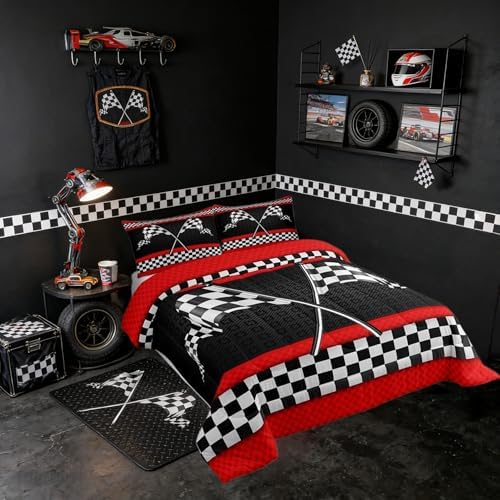 Castle Fairy Race Car Themed Comforter Set Twin Size,Black White Checkered Flag Print Bedding Set for Kids Boys Men,Red Stripes Geometric Grid Plaid Quilted Duvet Set with 1 Pillowcase