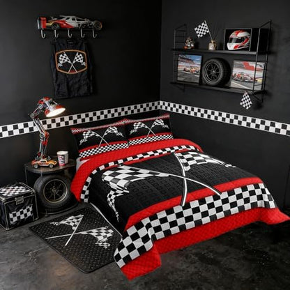 Castle Fairy Race Car Themed Comforter Set Twin Size,Black White Checkered Flag Print Bedding Set for Kids Boys Men,Red Stripes Geometric Grid Plaid Quilted Duvet Set with 1 Pillowcase