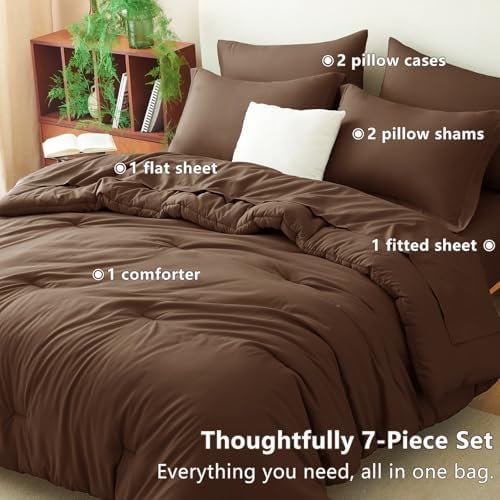 CozyLux California King Comforter Set Brown, 7 Pieces Cal King Bed in a Bag King Comforter Set with Sheets, Soft Bedding Set with Down Alternative Comforter, Sheets, Pillowcases & Shams, Soft Bed Set