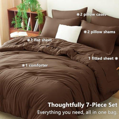 CozyLux California King Comforter Set Brown, 7 Pieces Cal King Bed in a Bag King Comforter Set with Sheets, Soft Bedding Set with Down Alternative Comforter, Sheets, Pillowcases & Shams, Soft Bed Set