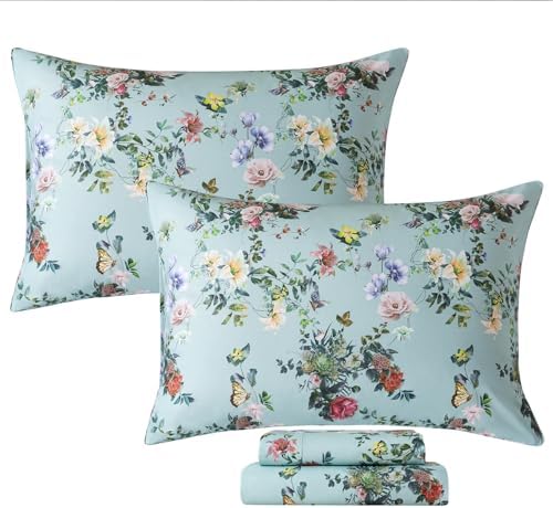FADFAY Full Size Sheet Set 4-Piece, 100% Cotton Mint Green Floral Bedding, Soft & Breathable Vintage Botanical Style, Deep Pocket Fitted Sheet, All-Season Cozy Bed Sheet Set