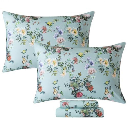 FADFAY Full Size Sheet Set 4-Piece, 100% Cotton Mint Green Floral Bedding, Soft & Breathable Vintage Botanical Style, Deep Pocket Fitted Sheet, All-Season Cozy Bed Sheet Set