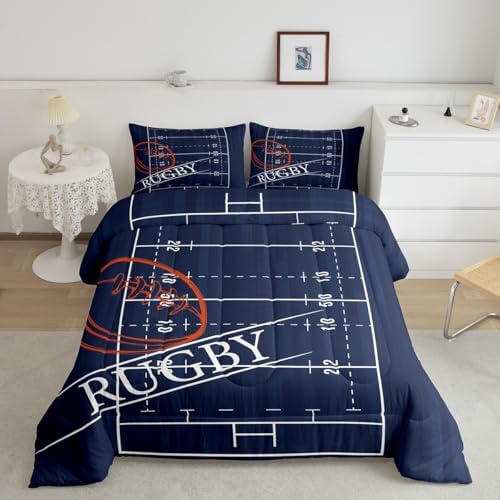 Erosebridal Kids Sports Bedding Full Size for Boys Soccer Comforter Set, Navy Reversible Duvet Insert Ball Game Quilt Set, Rugby Field Bedding Comforters & Sets, Lightweight Cozy