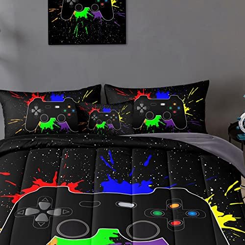 BDUCOK 6 Pieces Gamer Comforter Set for Boys Gaming Bedding Set Full Size,Video Game Controller Comforter for Boys Kids Adult 3D Gamepad Microfiber Bedding Sets 6 Pieces Bed in A Bag Sets3001,Full