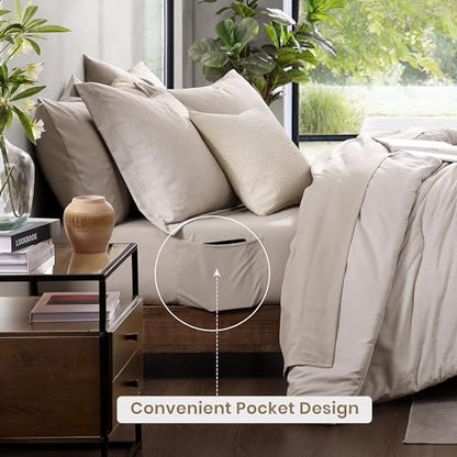 Monbix Oversized Queen Comforter Set 7 Pieces Oatmeal Beige Bed in a Bag