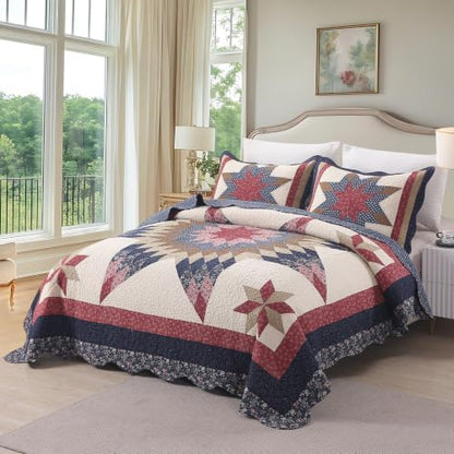 vctops Vintage Star Patchwork Cotton Quilt Set (Navy,Oversize Queen)