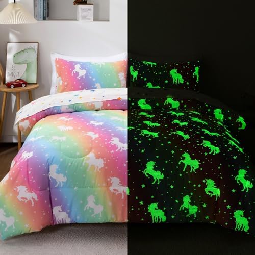 A Nice Night 5pc Rainbow Full Comforter Set Glow in The Dark Kids Bedding