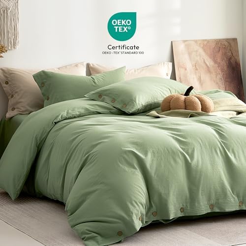 JELLYMONI 100% Washed Cotton Mint Green Duvet Cover Full, Linen-Like
