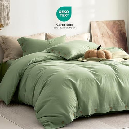 JELLYMONI 100% Washed Cotton Mint Green Duvet Cover Full, Linen-Like