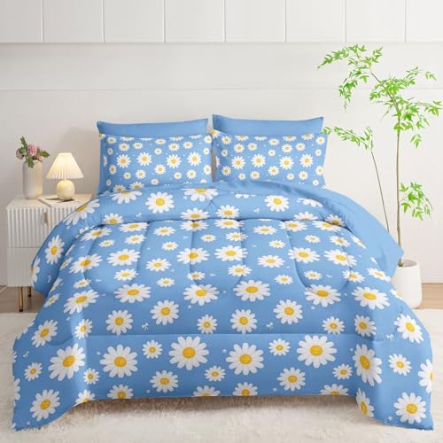7Pcs Comforter Set Daisy Flowers Printed Bedding Set with 1 Comforter,1 Flat Sheet,1 Fitted Sheet and 4 Pillowcases for Men and Women Bedroom All Season(Queen)