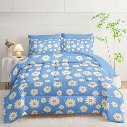 7Pcs Comforter Set Daisy Flowers Printed Bedding Set with 1 Comforter,1 Flat Sheet,1 Fitted Sheet and 4 Pillowcases for Men and Women Bedroom All Season(Full)