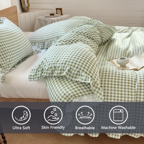 NSNLGSGC Sage Green Gingham Ruffle King Duvet Cover