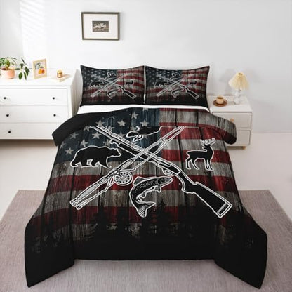 Homewish Retro American Flag Comforter Set King Size,Hunting and Fishing Bedding Set,Duck Deer Bear Bass Fish Wild Animals Theme Quilt Set for Kids Boys Men Teens Room Decor,Rustic Duvet Insert 3Pcs