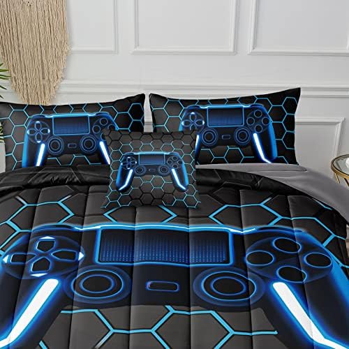BDUCOK 6 Piece Gamer Comforter Sets Bed in A Bag for Boys Teen Kids,Honeycomb Gaming Bedding Sets Gamepad Comforter Microfiber Bed Set for All Season Gamer Home Decor(Blue, 6 Piece Sets30022-Queen)
