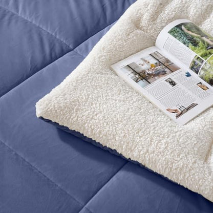 Fluffy Sherpa Cal King Comforter Set, Thick Bedding Set 3PC, Slate Blue