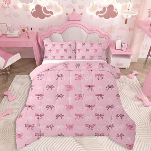 jejeloiu Bowknot Bedding Set for Boys Girls Pink Comforter Set Twin Size