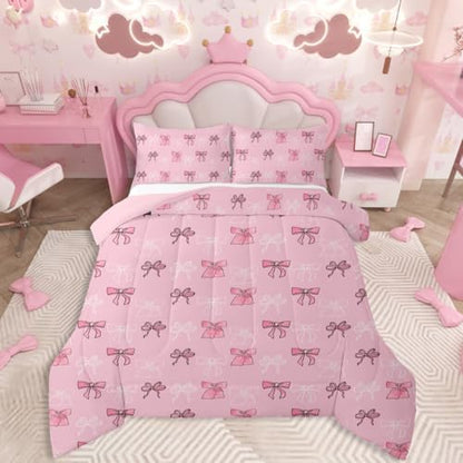 jejeloiu Bowknot Bedding Set for Boys Girls Pink Comforter Set Twin Size