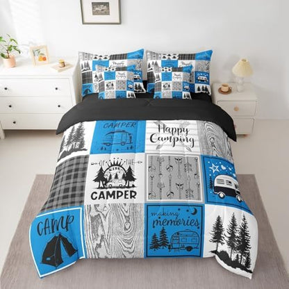 Erosebridal Blue Rv Bedding Set Full Rustic Camper Bed in A Bag 7 Piece Camping Bunk Accessories for Camper Car Rv Comforter Set for Travel Trailers Country Buffalo Plaid Pine Tree Arrow Bed Set