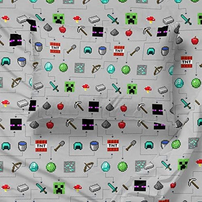 Jay Franco Kids Sheet Set with Fitted, Flat Sheets & Pillow Cover - Ultra-Soft Bedding with Pillowcase for Room Decor, Gray - Minecraft, 4 Piece Queen