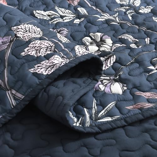 Litanika Floral Dark Blue Quilt Queen - 3Pcs Botanical Birds Bedding Set
